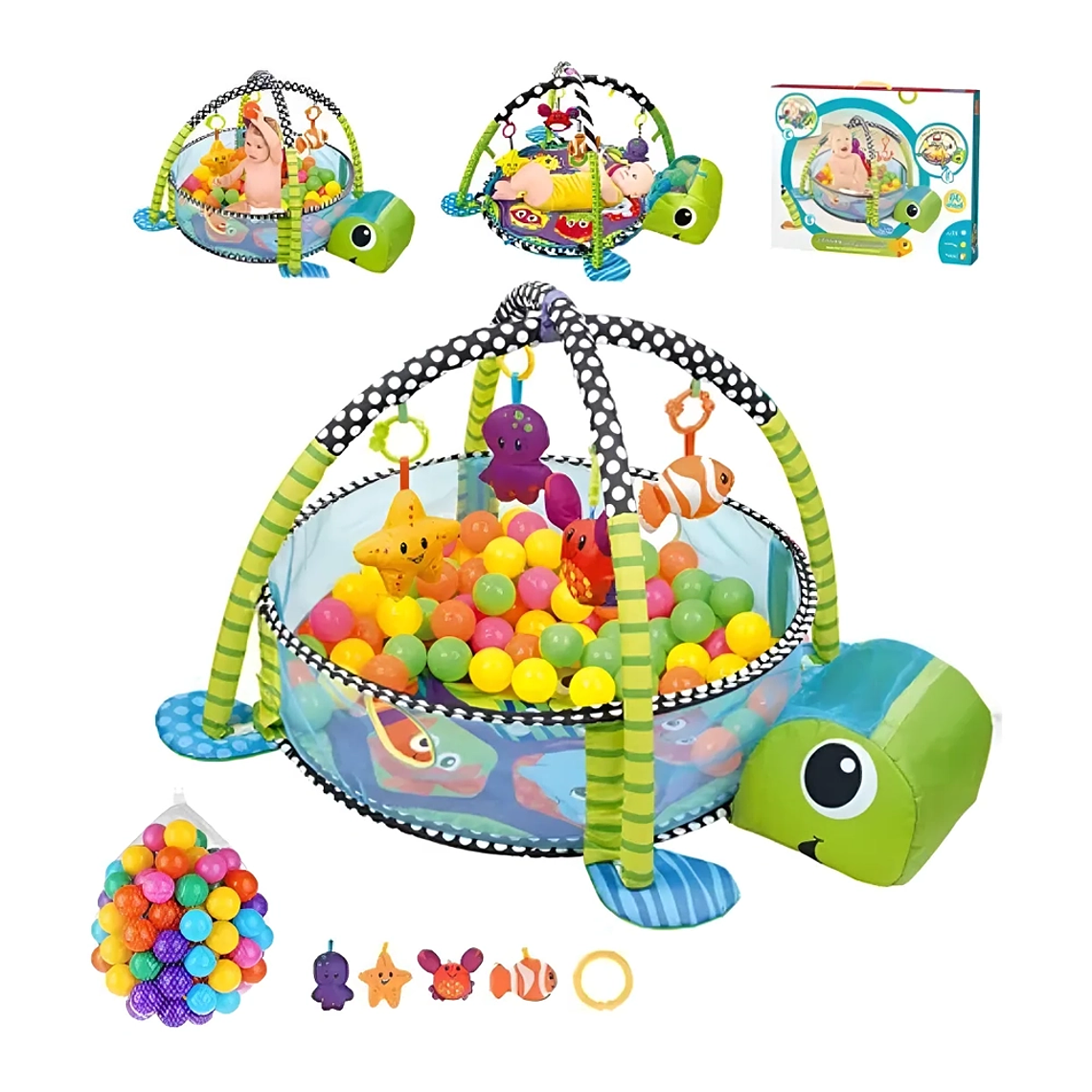 Gimnasio Bebé 3 en 1 Tortuga con Corral, Tapete y Pelotas  Desde 0 a 36 Meses 2
