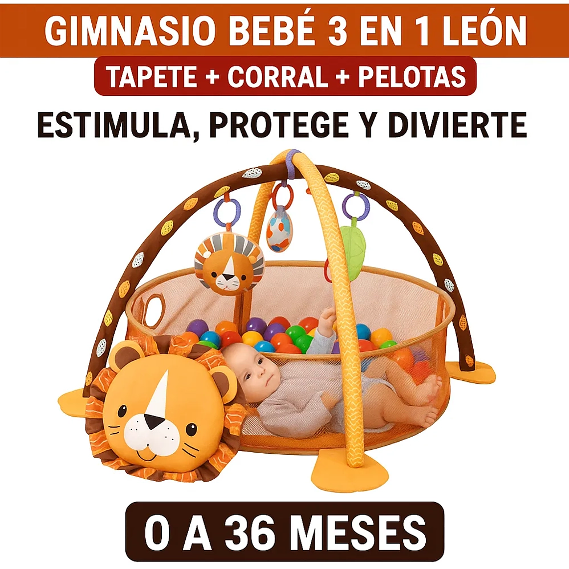 Gimnasio Bebé 3 en 1 León con Tapete, Corral y Pelotas 0 a 36 Meses 8