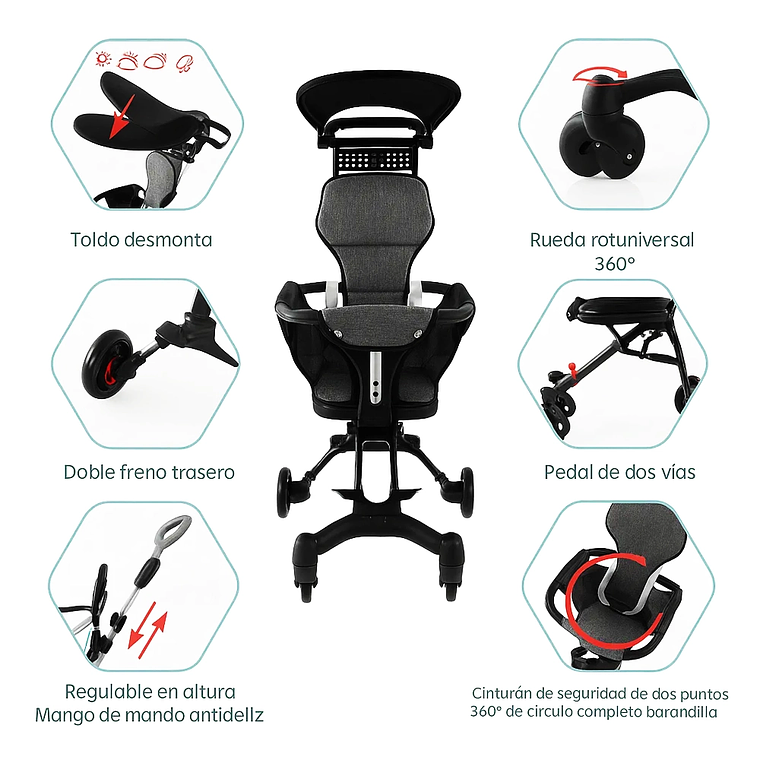 Coche de Paseo Plegable Ligero y Compacto con Capota y Arnés de Seguridad 2