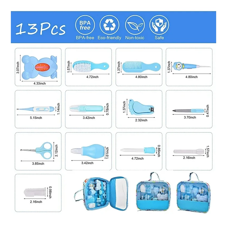 Kit de Aseo para Bebé 13 Piezas con Bolso Impermeable  Set Higiene Blue Kids 8