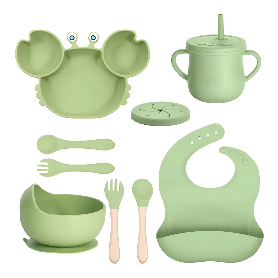 Kit de Alimentación Bebé 9 Piezas Silicona Antideslizante  Plato, Vaso, Babero y Cubiertos  1