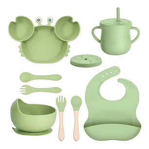Kit de Alimentación Bebé 9 Piezas Silicona Antideslizante  Plato, Vaso, Babero y Cubiertos 