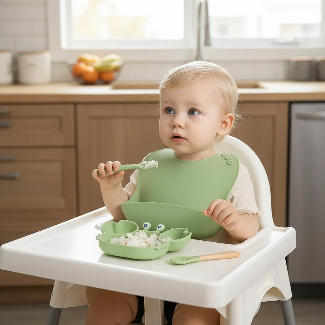 Kit de Alimentación Bebé 9 Piezas Silicona Antideslizante  Plato, Vaso, Babero y Cubiertos  4