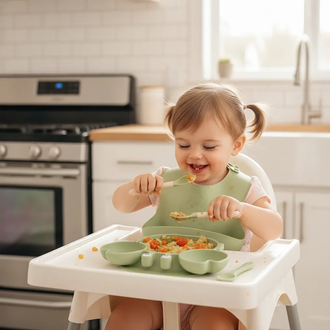 Kit de Alimentación Bebé 9 Piezas Silicona Antideslizante  Plato, Vaso, Babero y Cubiertos  6