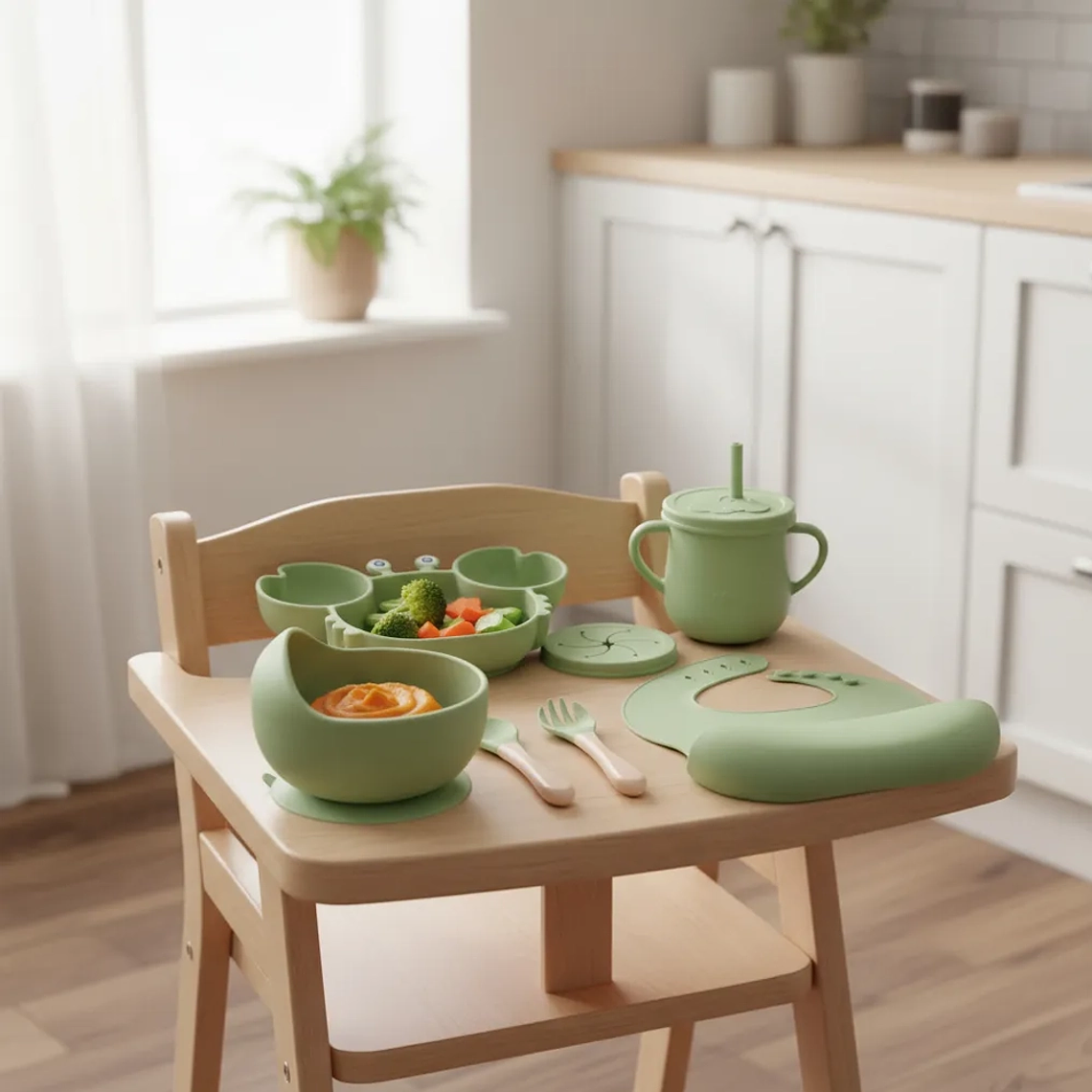 Kit de Alimentación Bebé 9 Piezas Silicona Antideslizante  Plato, Vaso, Babero y Cubiertos  2