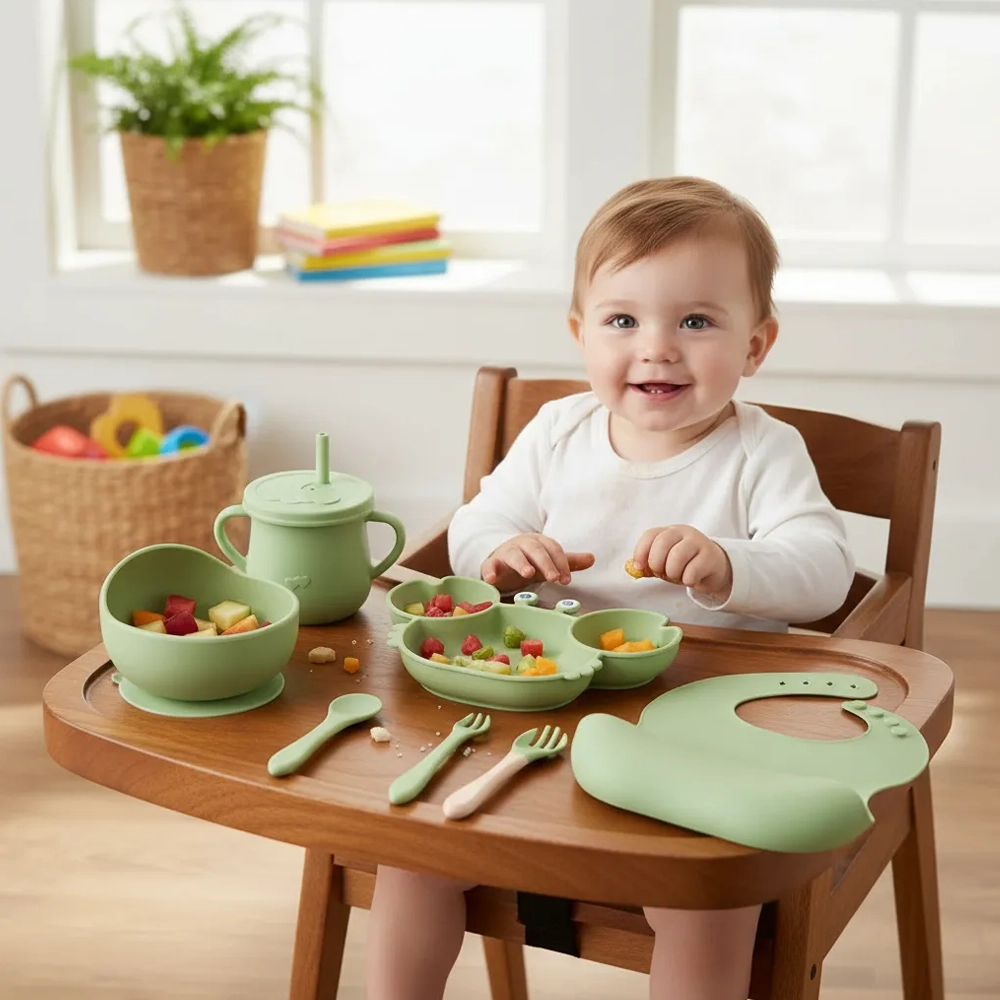 Kit de Alimentación Bebé 9 Piezas Silicona Antideslizante  Plato, Vaso, Babero y Cubiertos  7