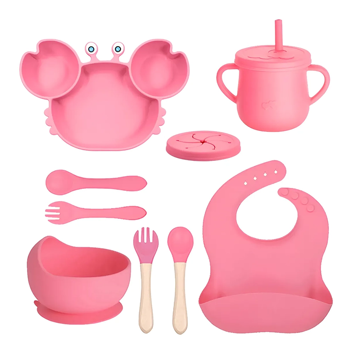 Kit de Alimentación Bebé 9 Piezas Silicona Antideslizante  Plato, Vaso, Babero y Cubiertos  8