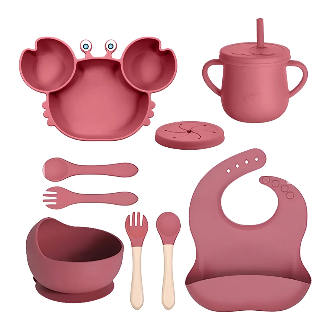 Kit de Alimentación Bebé 9 Piezas Silicona Antideslizante  Plato, Vaso, Babero y Cubiertos  9