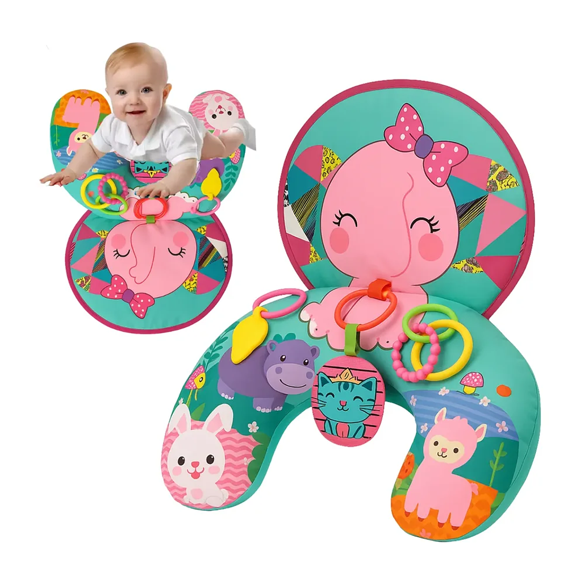 Cojín de Apoyo Bebé Juguetes Sensoriales Verde y Rosa BlueKids 3