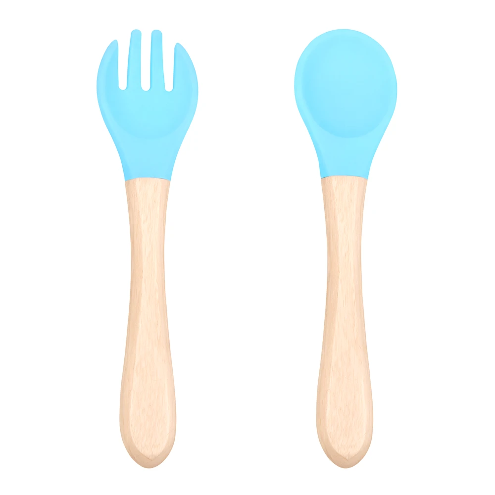 Set Cubiertos Bebé Silicona BLW con Mango de Madera y Estuche Bluekids  3