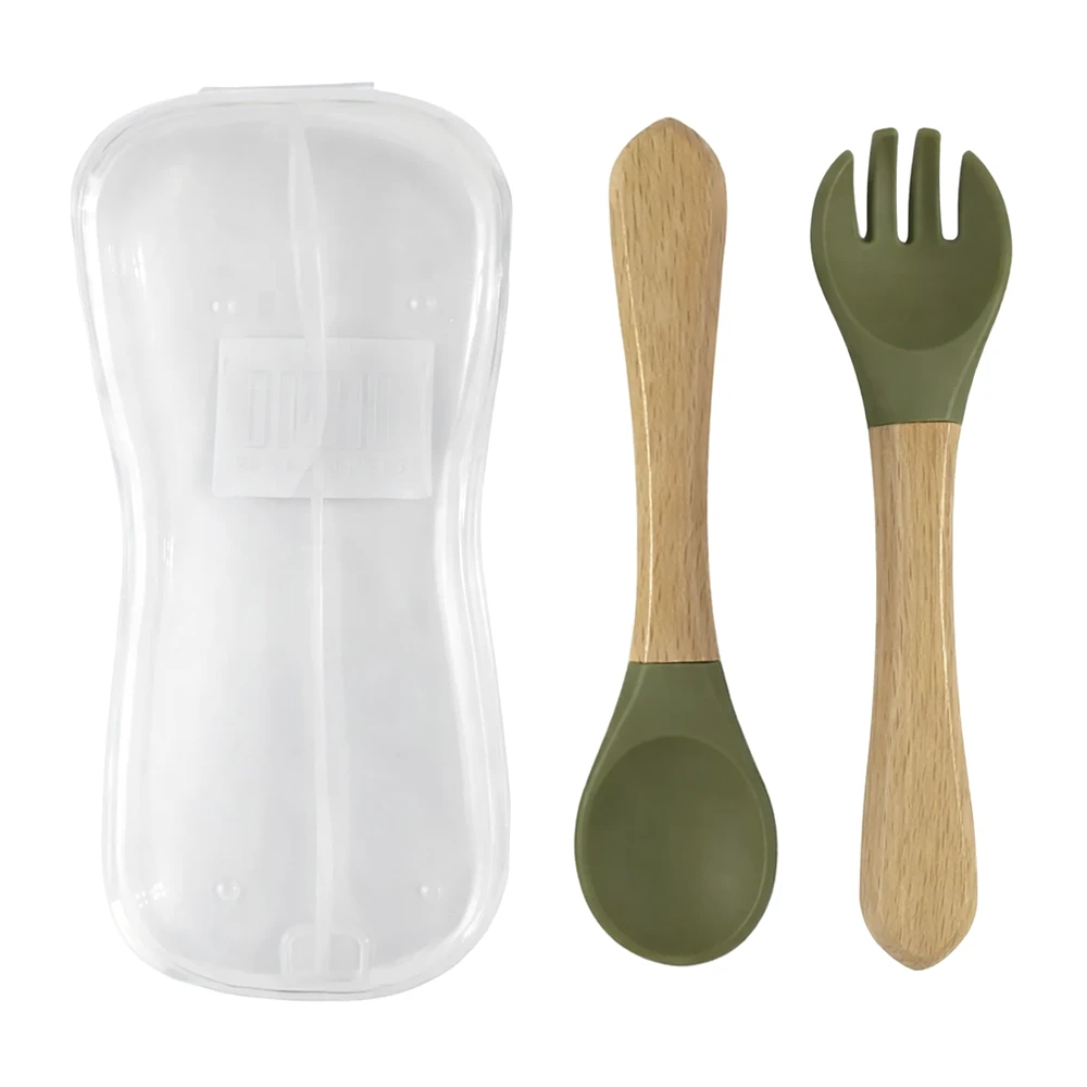 Set Cubiertos Bebé Silicona BLW con Mango de Madera y Estuche Bluekids  1