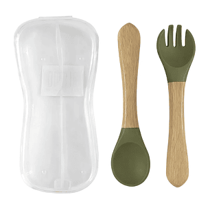 Set Cubiertos Bebé Silicona BLW con Mango de Madera y Estuche Bluekids 