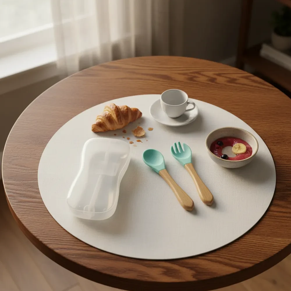 Set Cubiertos Bebé Silicona BLW con Mango de Madera y Estuche Bluekids  6