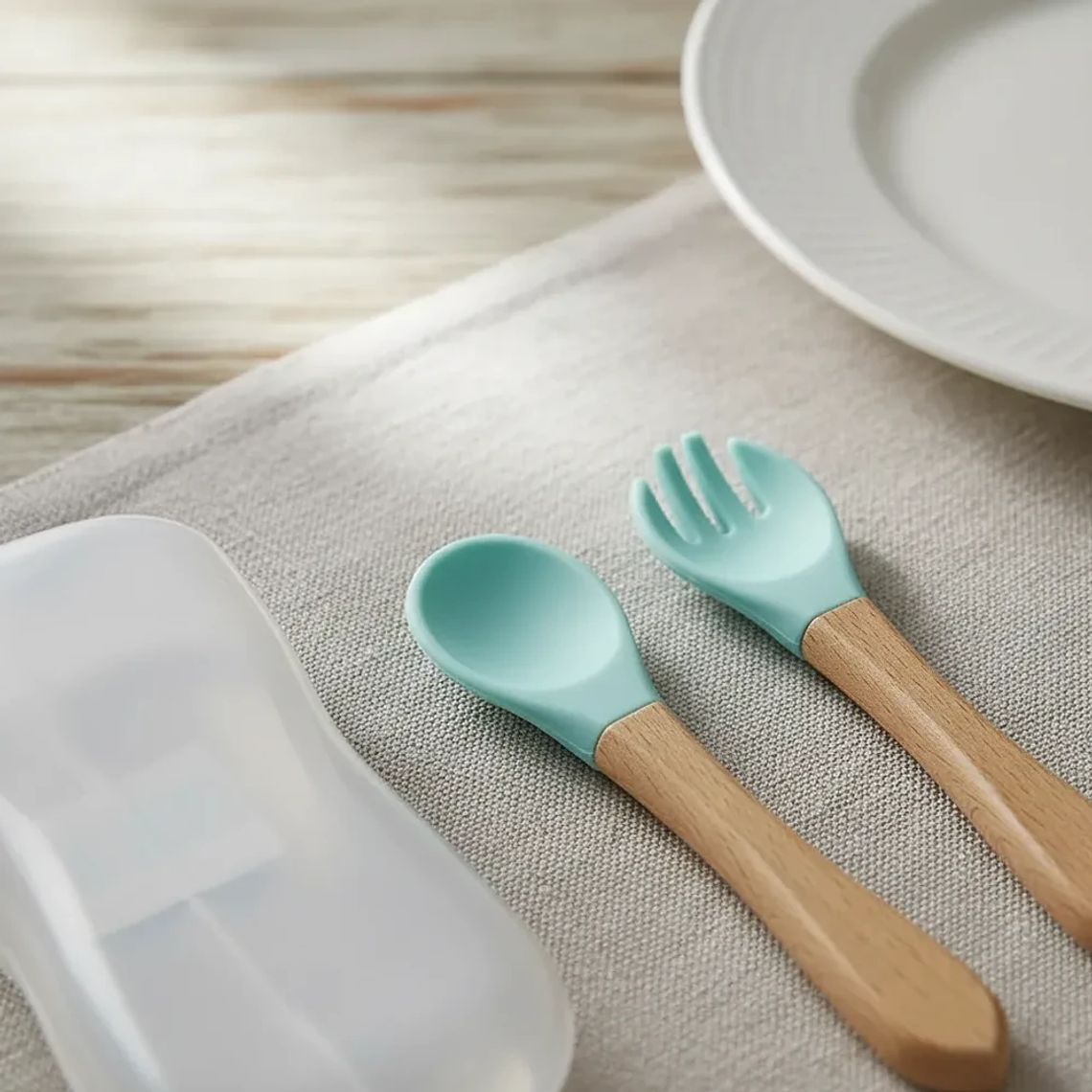 Set Cubiertos Bebé Silicona BLW con Mango de Madera y Estuche Bluekids  7