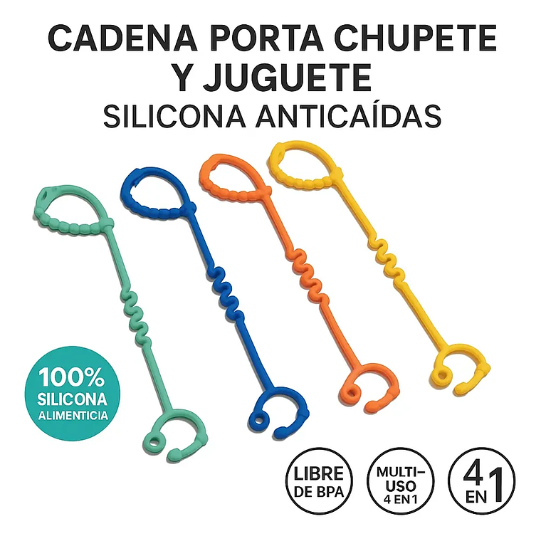 Cadena Espiral Silicona para Bebé  Porta Chupetes y Juguetes  Libre de BPA  3