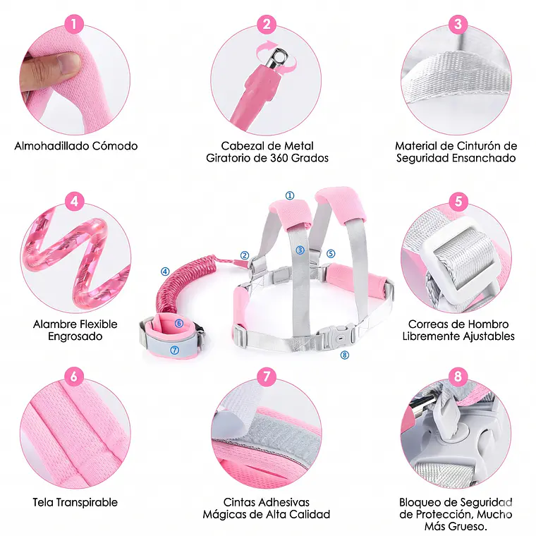 Arnés Correa de Seguridad Anti Pérdida para Niños y Pulsera Ajustable 10