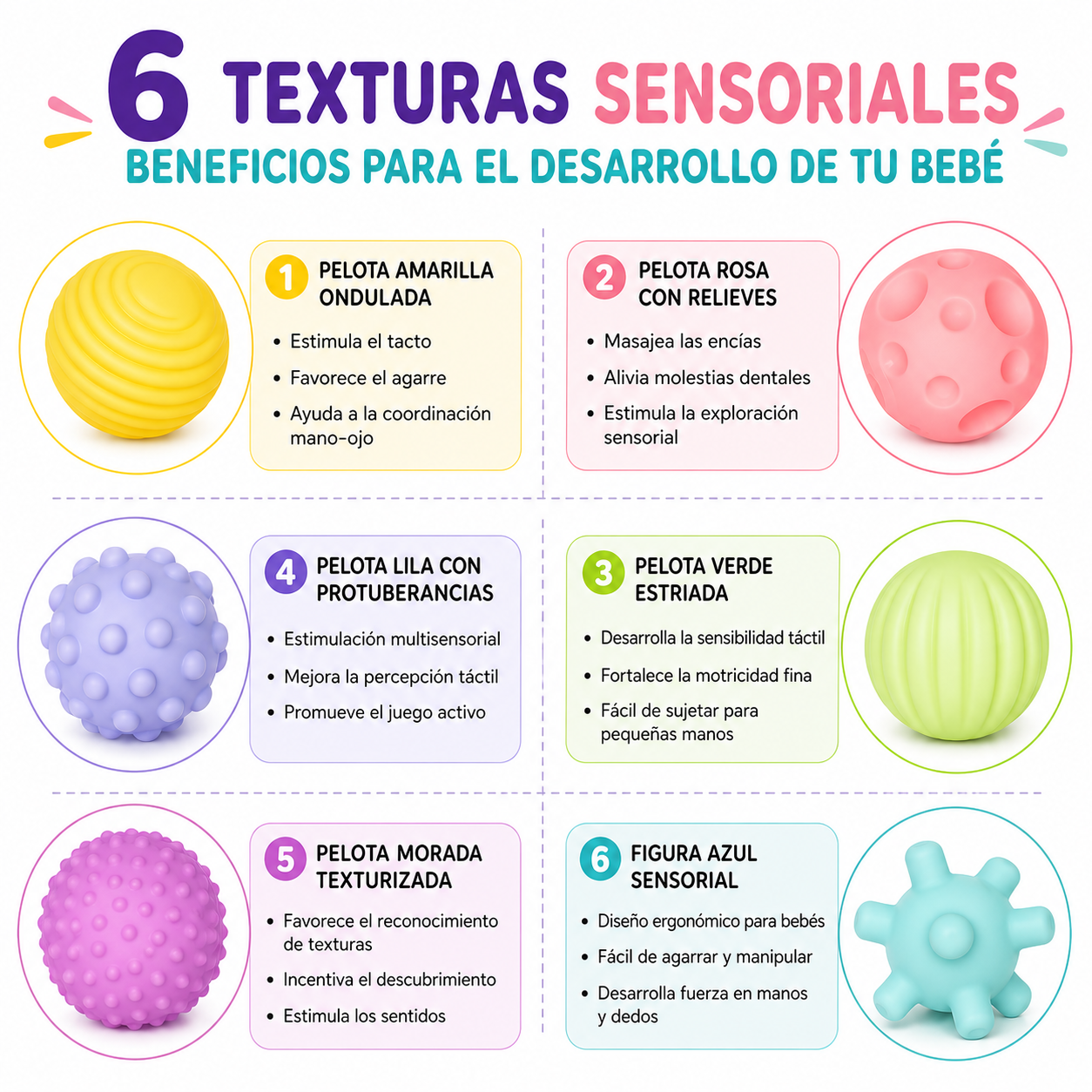 Pelotas Sensoriales Texturizadas para Bebés  Set de 6 Soft Balls Estimulación Temprana 2