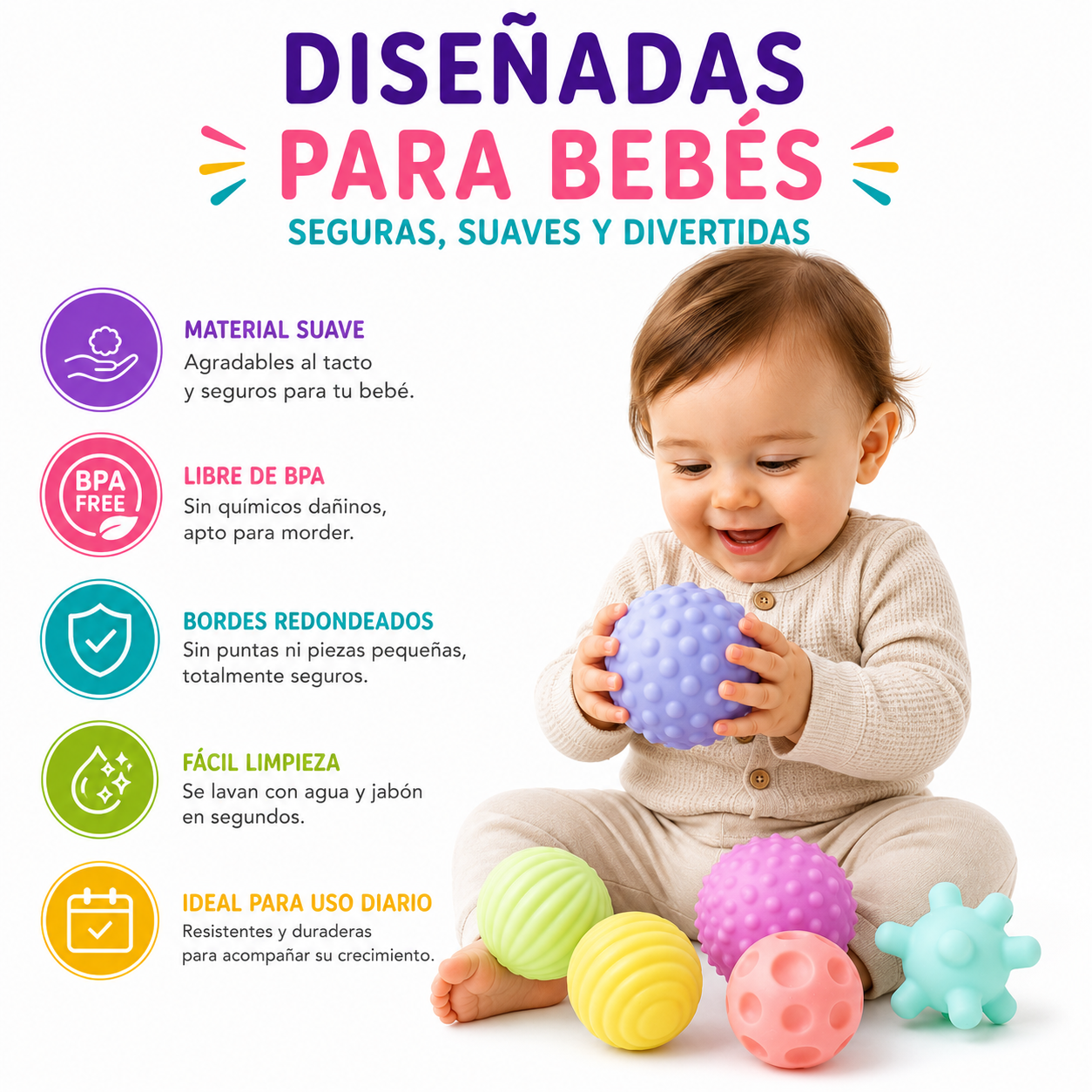 Pelotas Sensoriales Texturizadas para Bebés  Set de 6 Soft Balls Estimulación Temprana 7