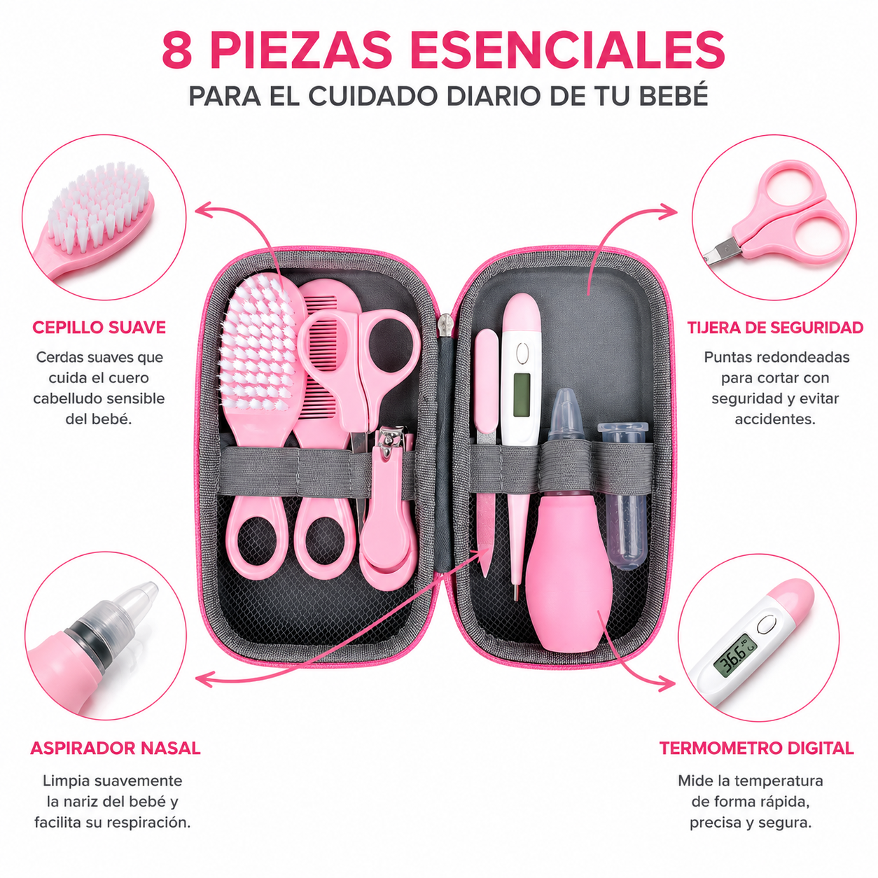 Set Higiene Bebé 8 Piezas con Estuche Portátil  Kit Cuidado Recién Nacido 9