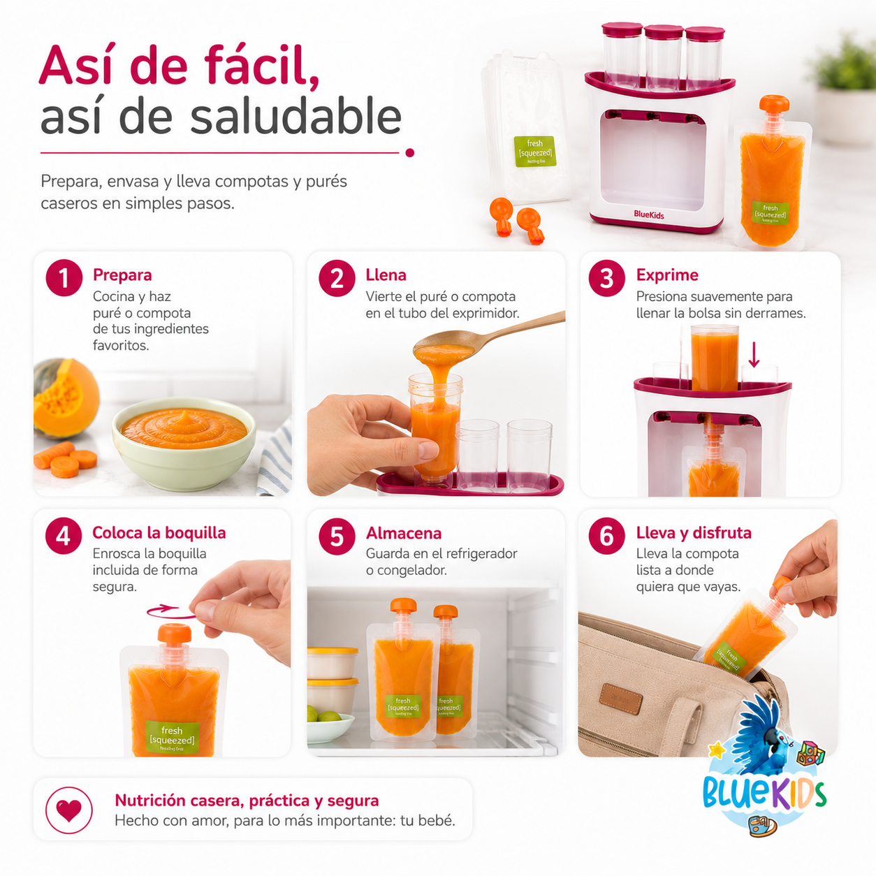 Dispensador de Compotas y Papillas para Bebé con 10 Bolsas Reutilizables 8