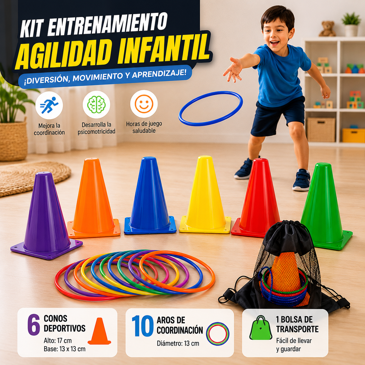 Kit Psicomotricidad Infantil: 6 Conos y 10 Aros Bluekids 2