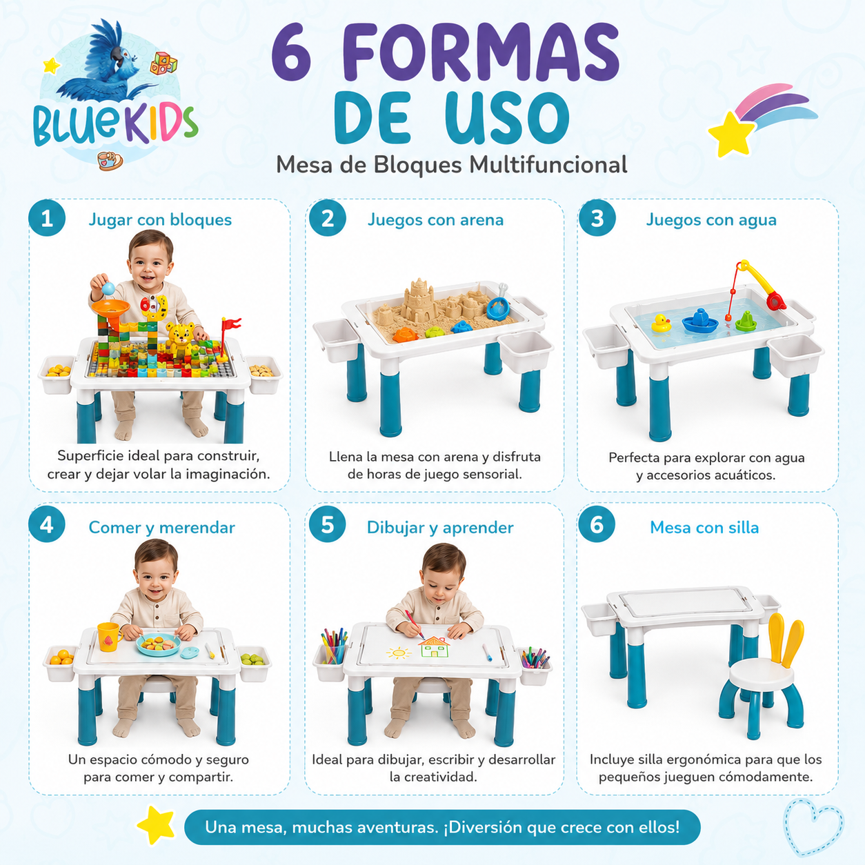Mesa Didáctica 6 en 1 con Silla y Bloques para Niños |Bluekids 6