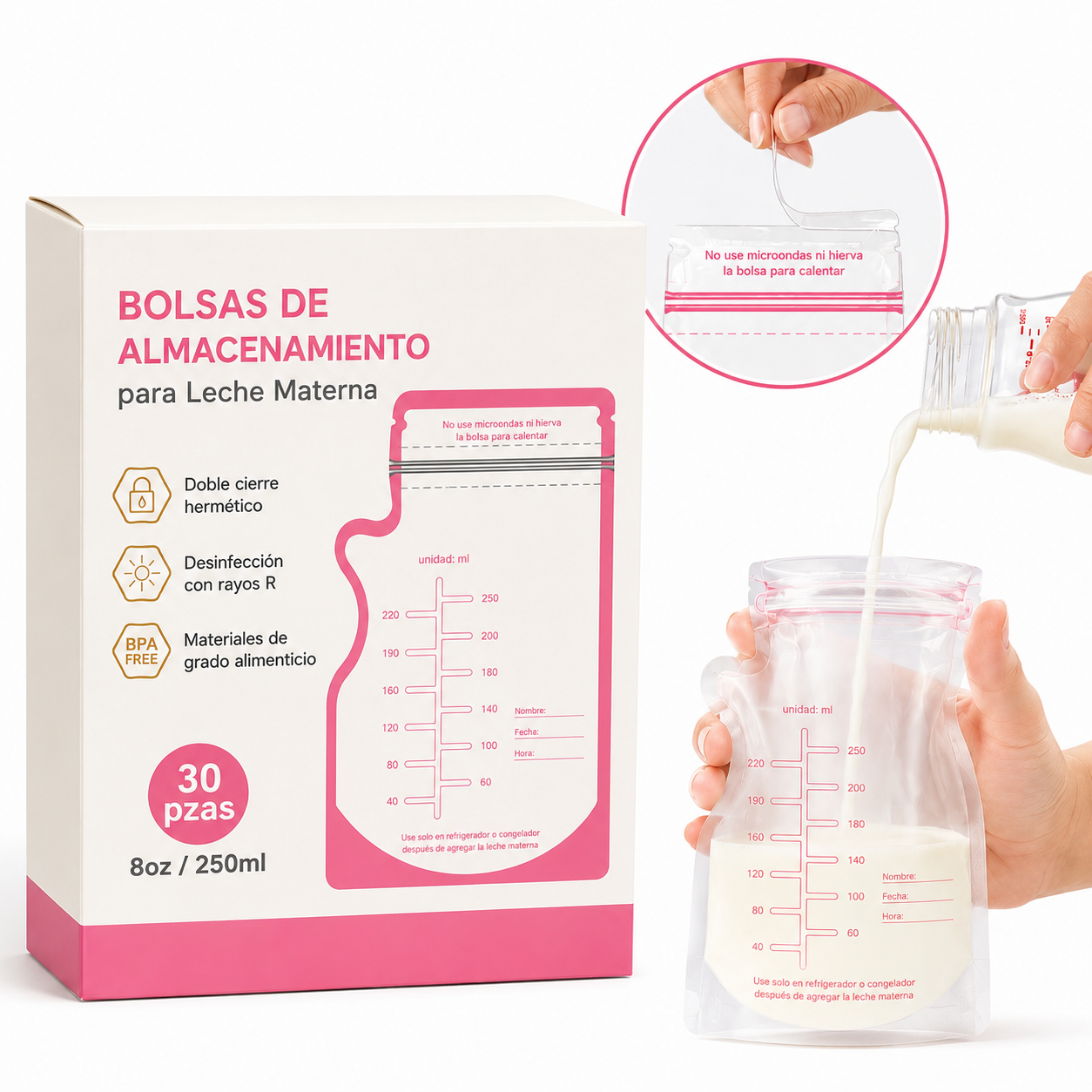 Pack 30 Bolsas Para Leche Materna 250ml Doble Cierre BPA 1