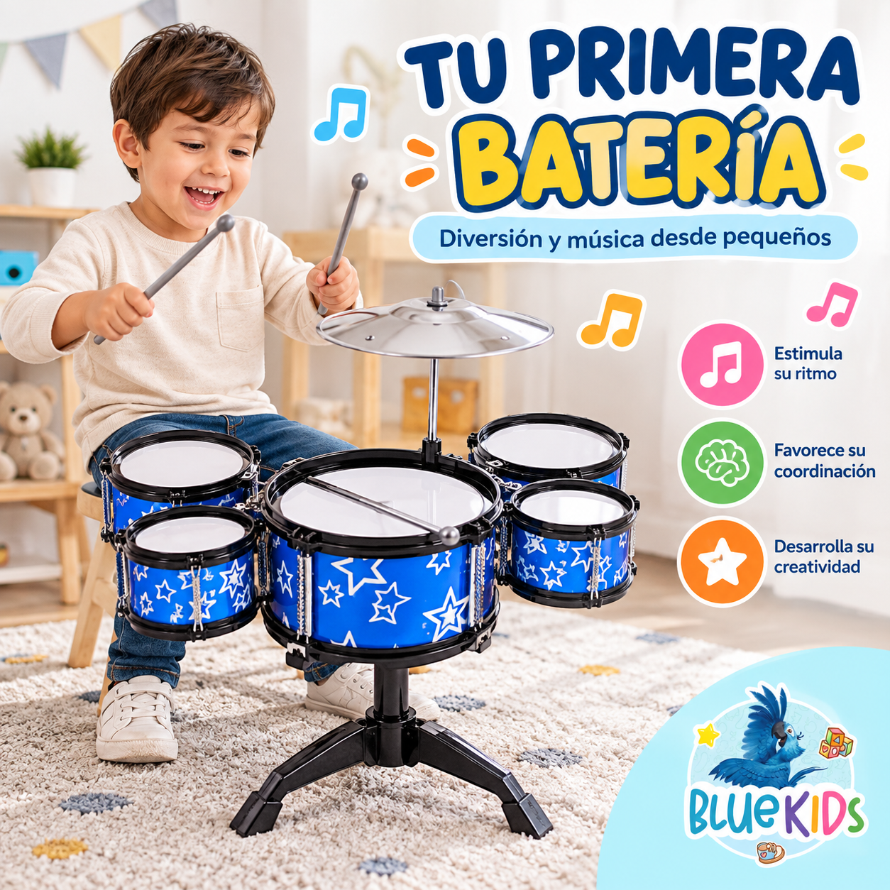 Batería Musical Infantil de 5 Tambores con Platillo y Baquetas 7