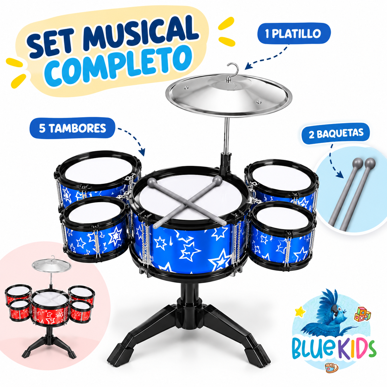 Batería Musical Infantil de 5 Tambores con Platillo y Baquetas 8