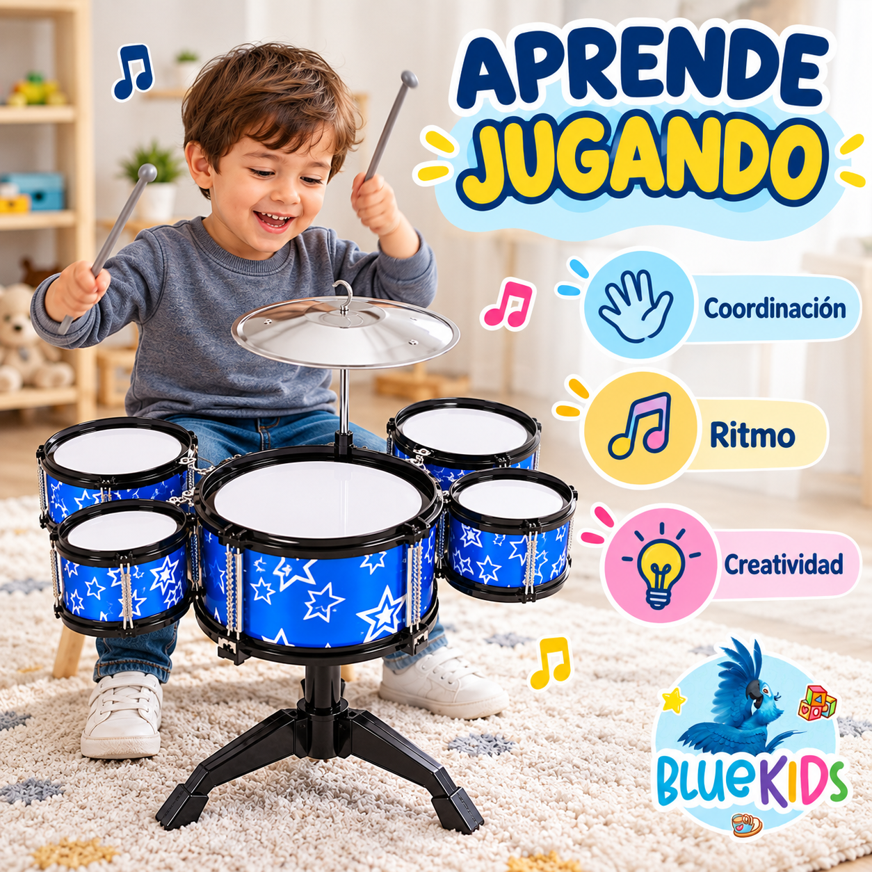 Batería Musical Infantil de 5 Tambores con Platillo y Baquetas 10