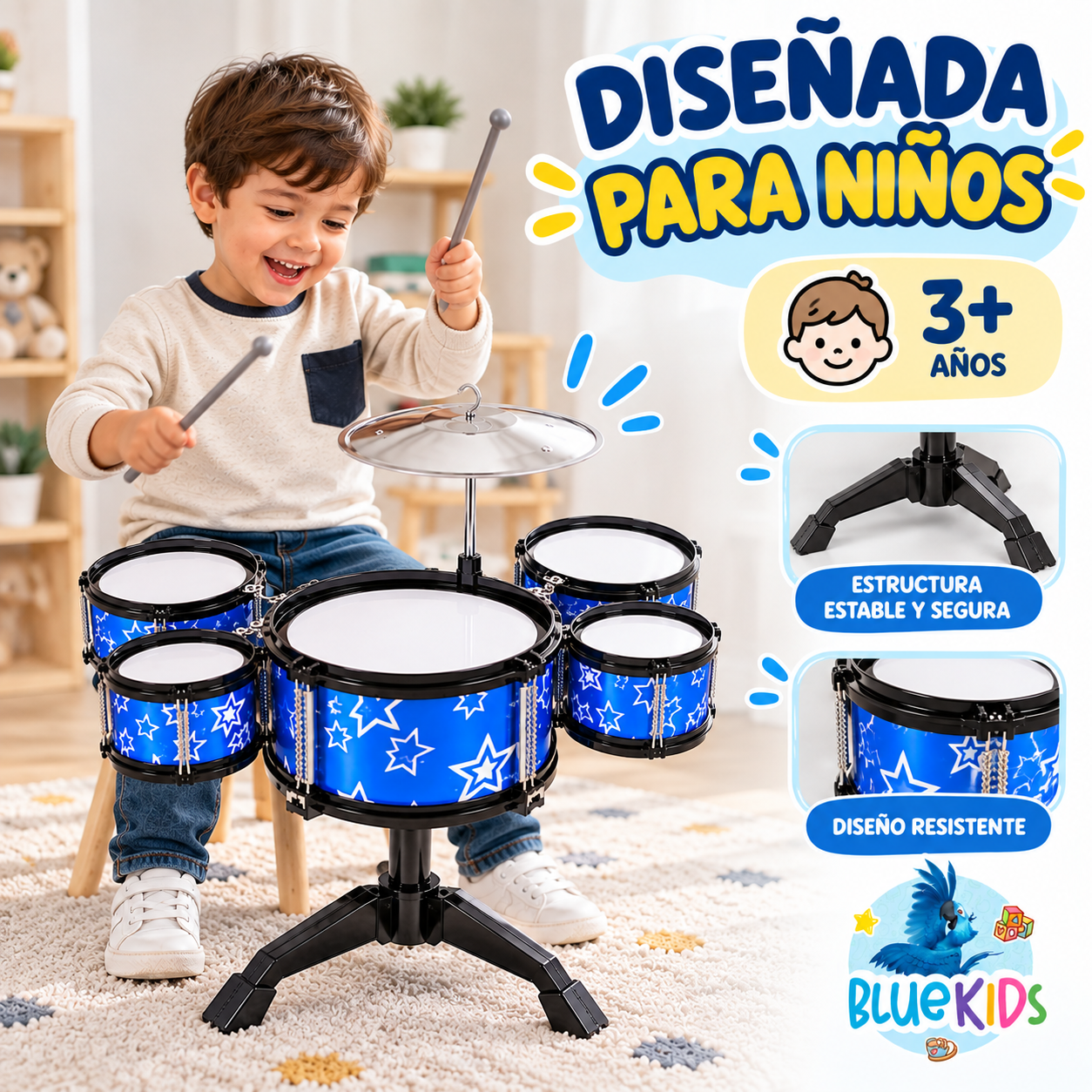 Batería Musical Infantil de 5 Tambores con Platillo y Baquetas 11