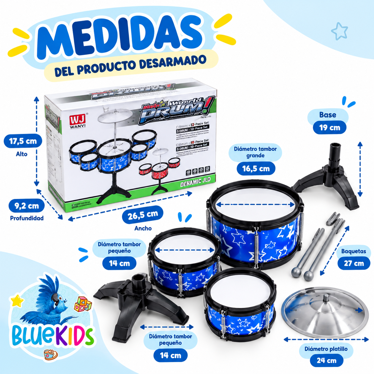 Batería Musical Infantil de 5 Tambores con Platillo y Baquetas 4