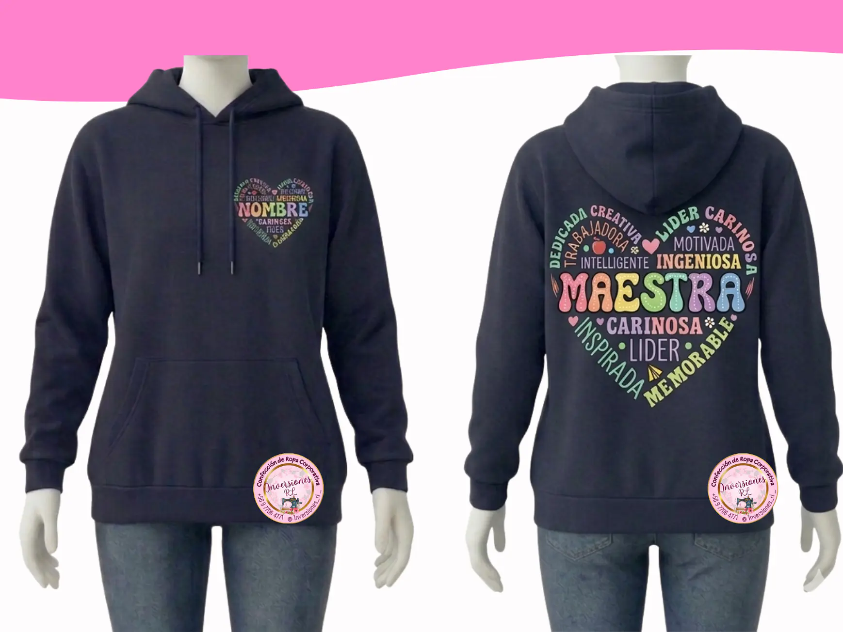 Polerón Educadora diseño Maestra Corazon Frontal y espalda 1