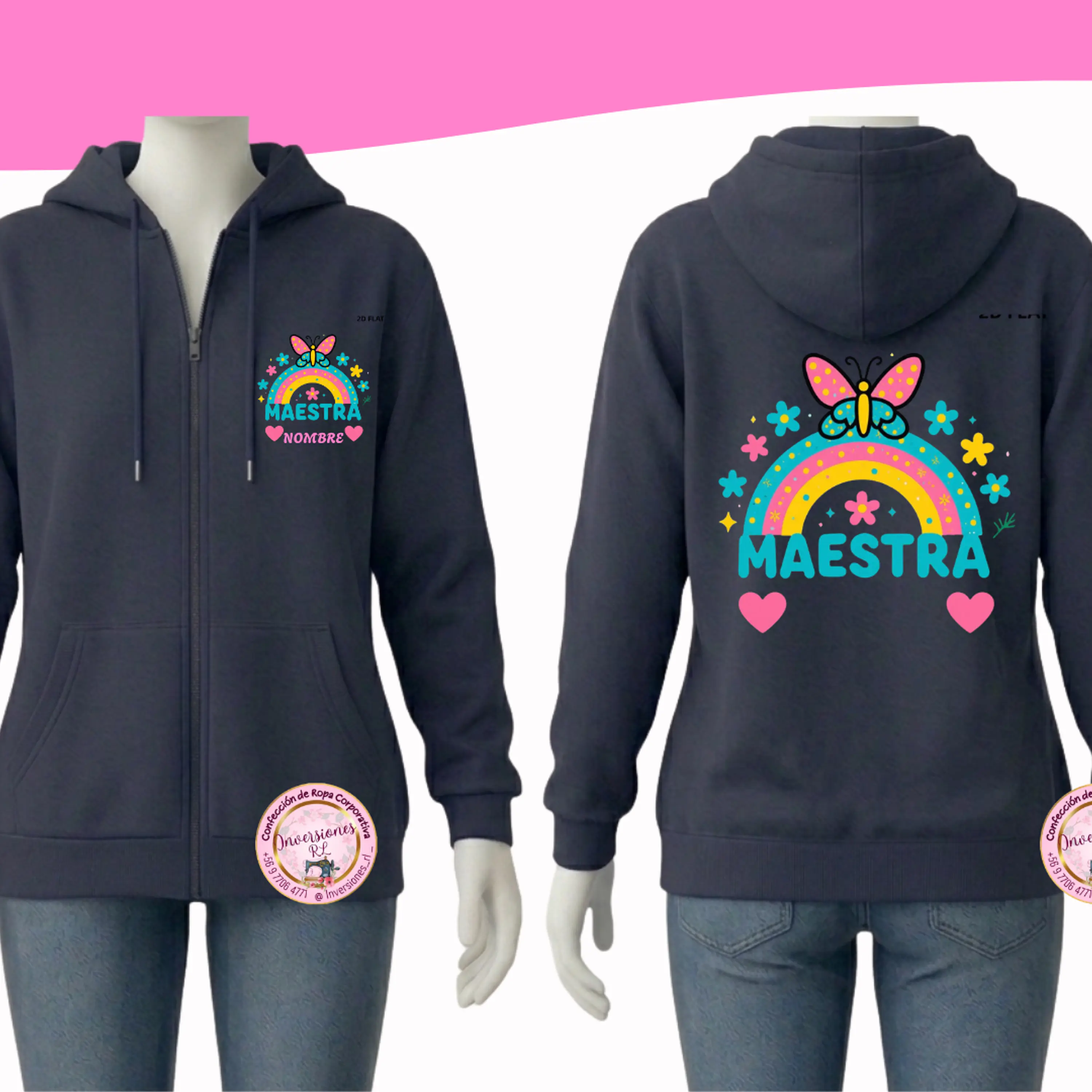 Polerón Educadora diseño Maestra Arcoíris Frontal y espalda 1