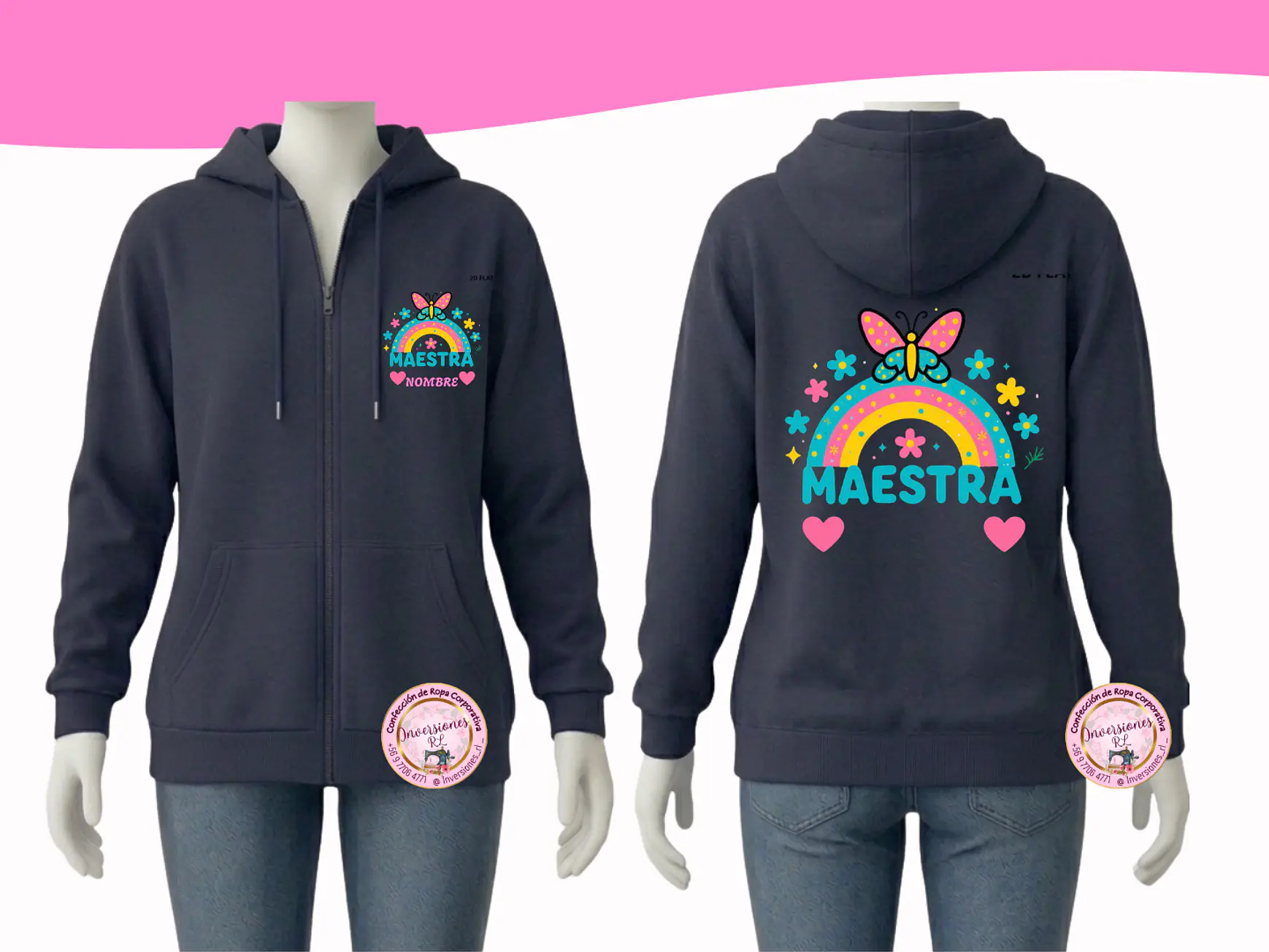 Polerón Educadora diseño Maestra Arcoíris Frontal y espalda 1