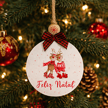 Bola em Madeira Feliz Natal c/ Renas para Pendurar