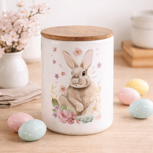 Pote em Cerâmica c/ Coelho e tampa Bambu