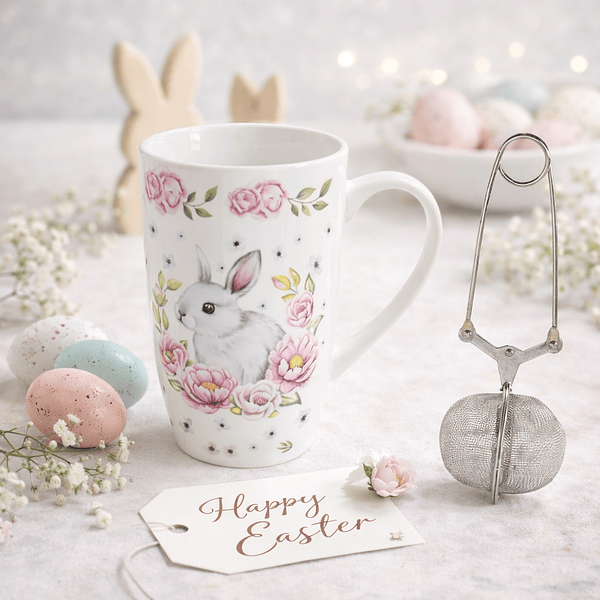 Caneca Porcelana 450ml c/ Coelho Branca + Infusor de Chá Aço