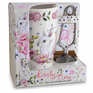 Caneca Porcelana 450ml c/ Coelho Branca + Infusor de Chá Aço