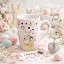 Caneca Porcelana 450ml c/ Coelho Rosa + Infusor de Chá Aço