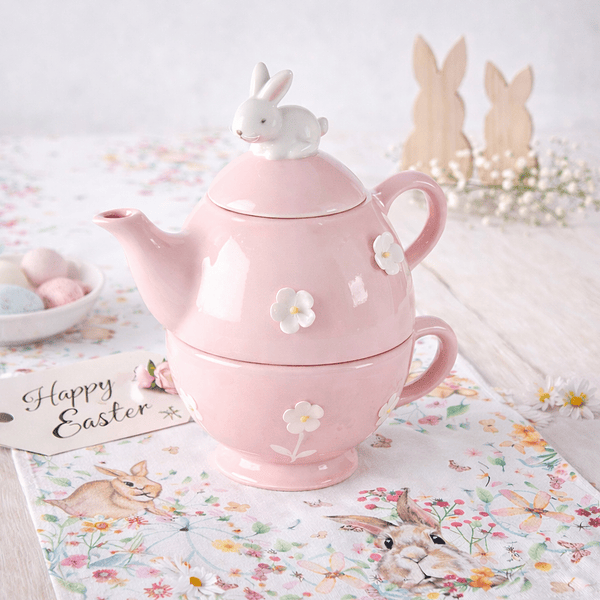 Bule Egoísta . Bule c/ Chávena e Coelho em Cerâmica . Rosa