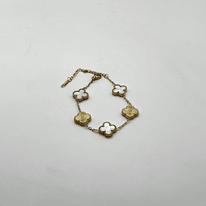 Pulsera de acero quirúrgico y nácar con flores blancas y doradas