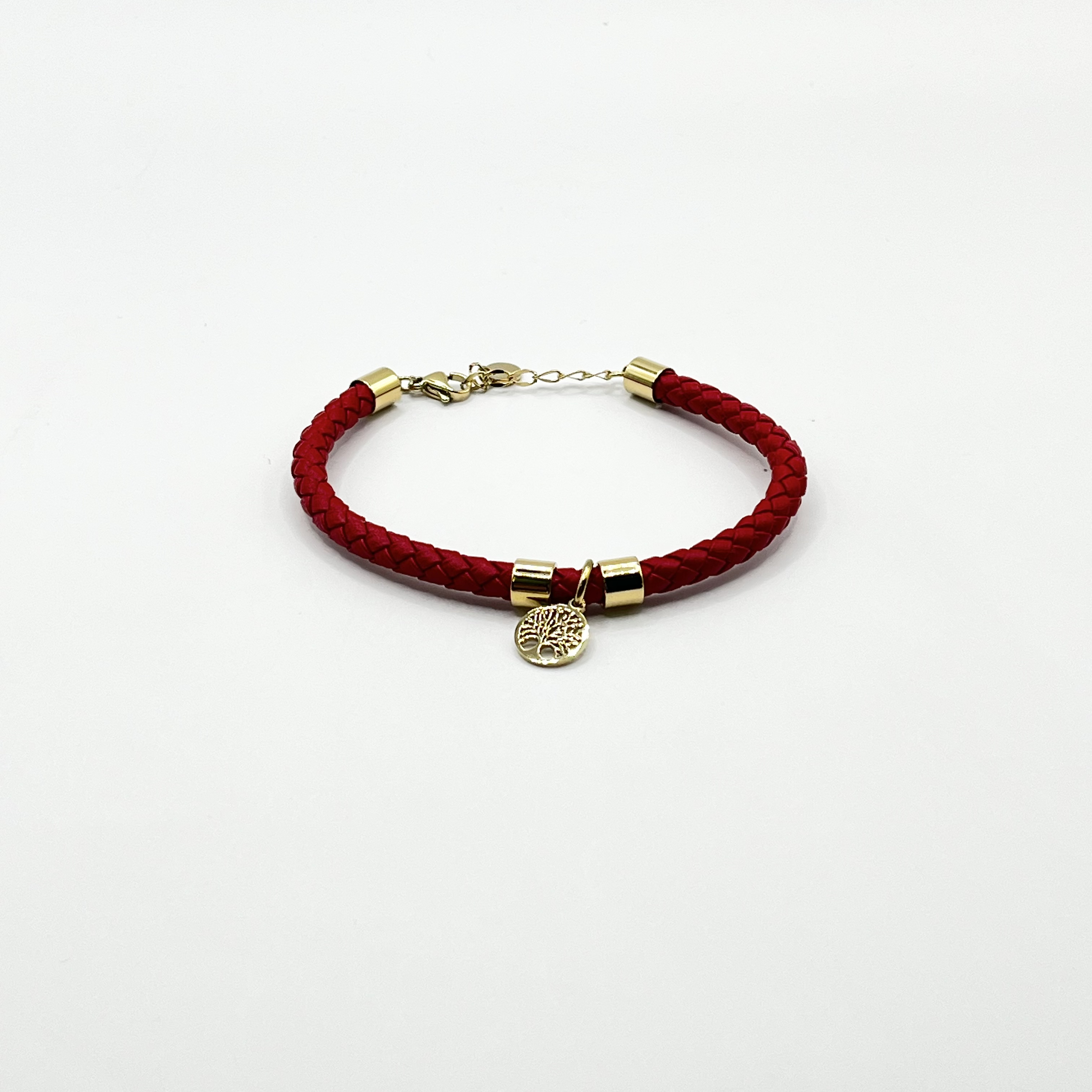 Pulsera de acero quirúrgico con cuero rojo y dije de árbol de la vida 1