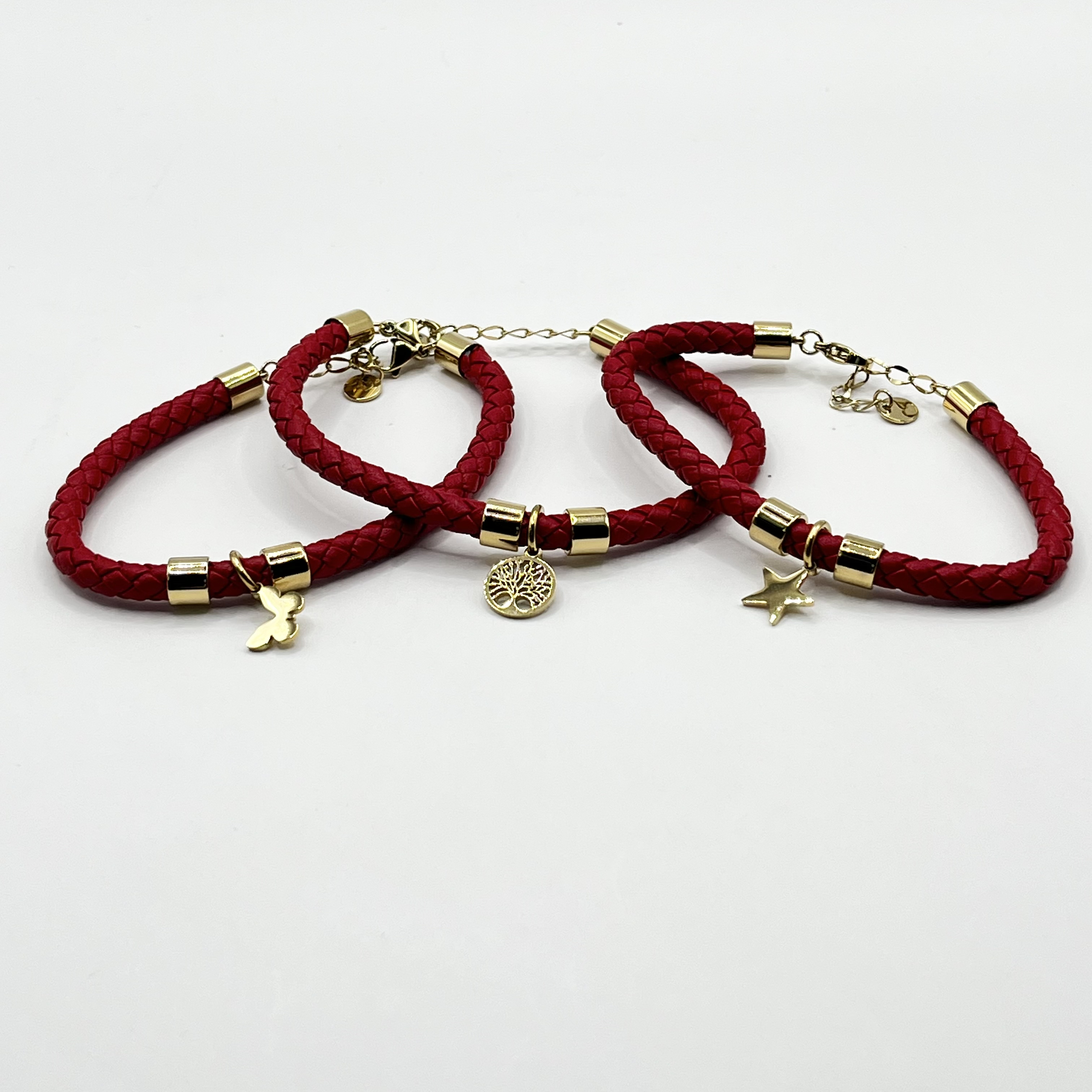 Pulsera de acero quirúrgico con cuero rojo y dije de árbol de la vida 2