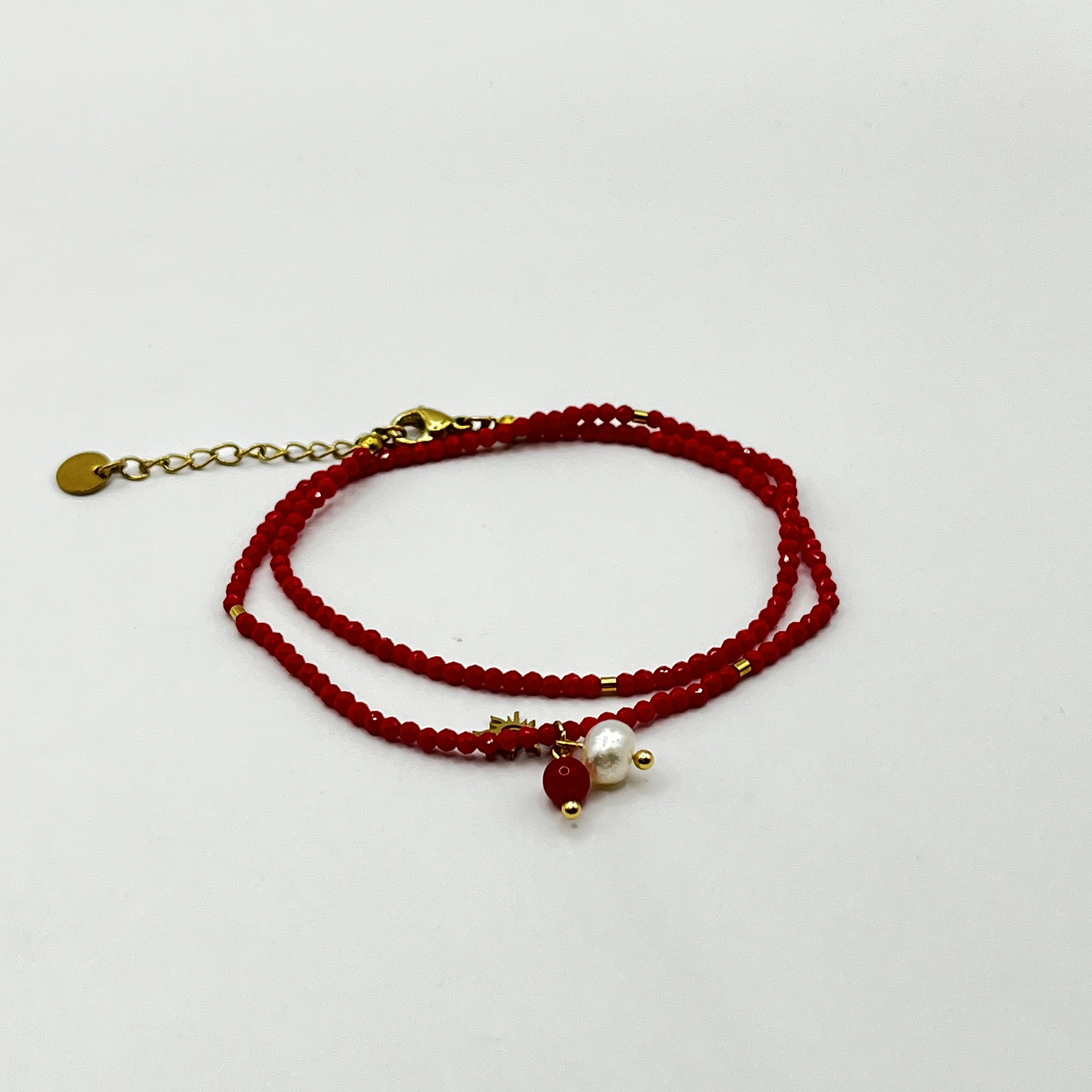 Pulsera de acero quirúrgico roja doble vuelta con perla 1