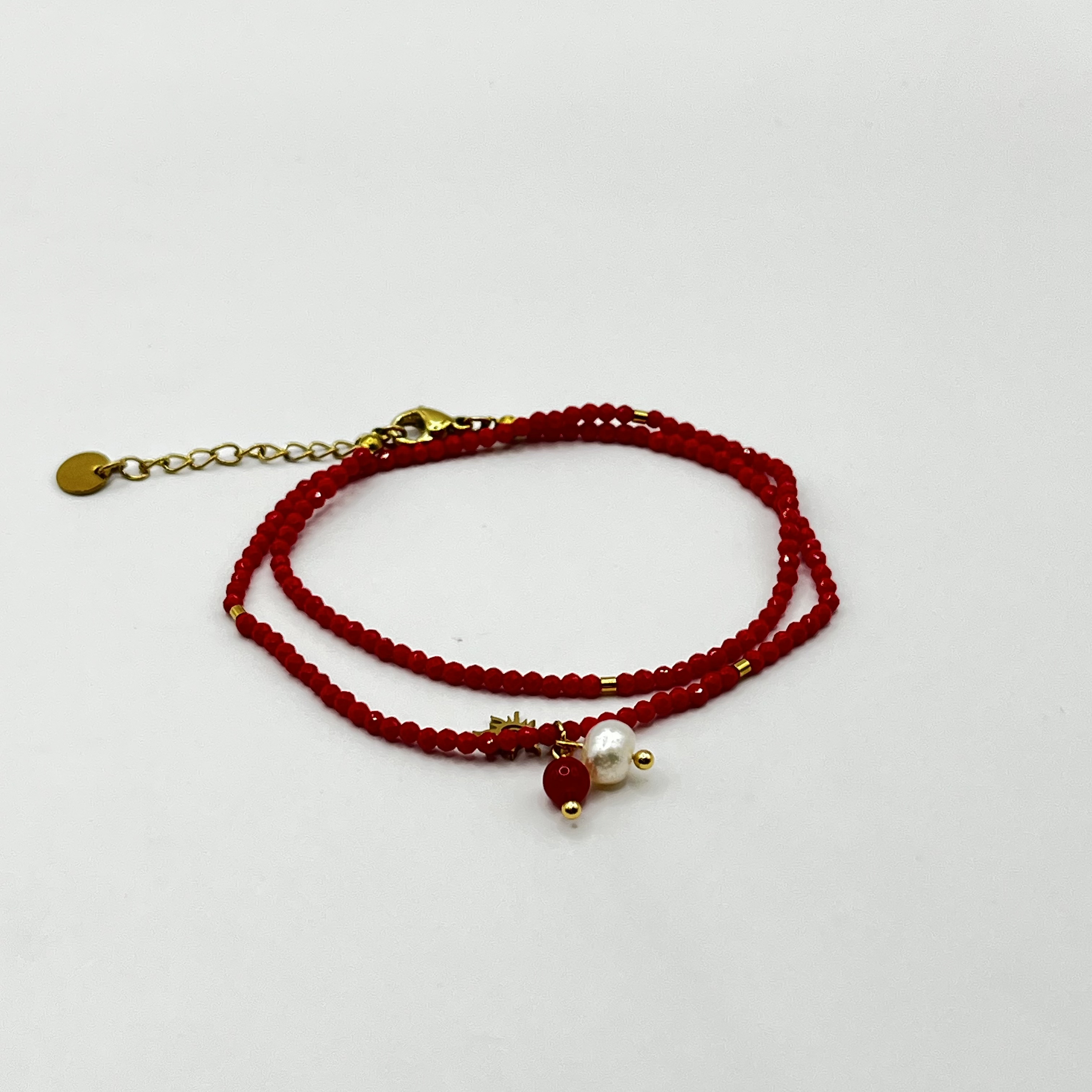 Pulsera de acero quirúrgico roja doble vuelta con perla 1