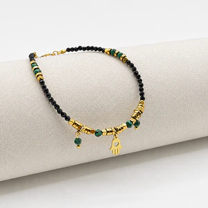 Pulsera de acero quirúrgico con cristales negros, verdes y mano de Fátima