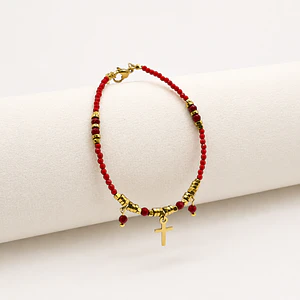 Pulsera de acero quirúrgico roja con cruz dorada