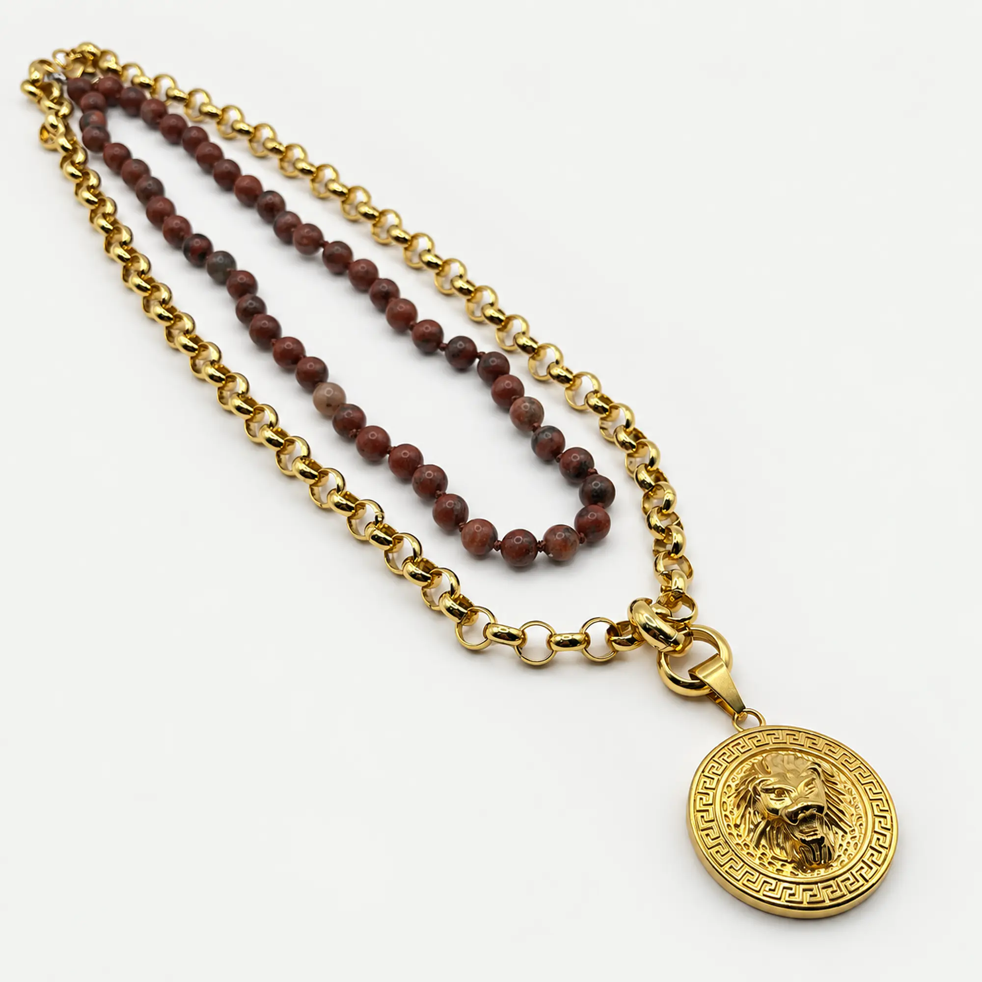 Collar doble de acero dorado con piedra jaspe café y dije de león 1