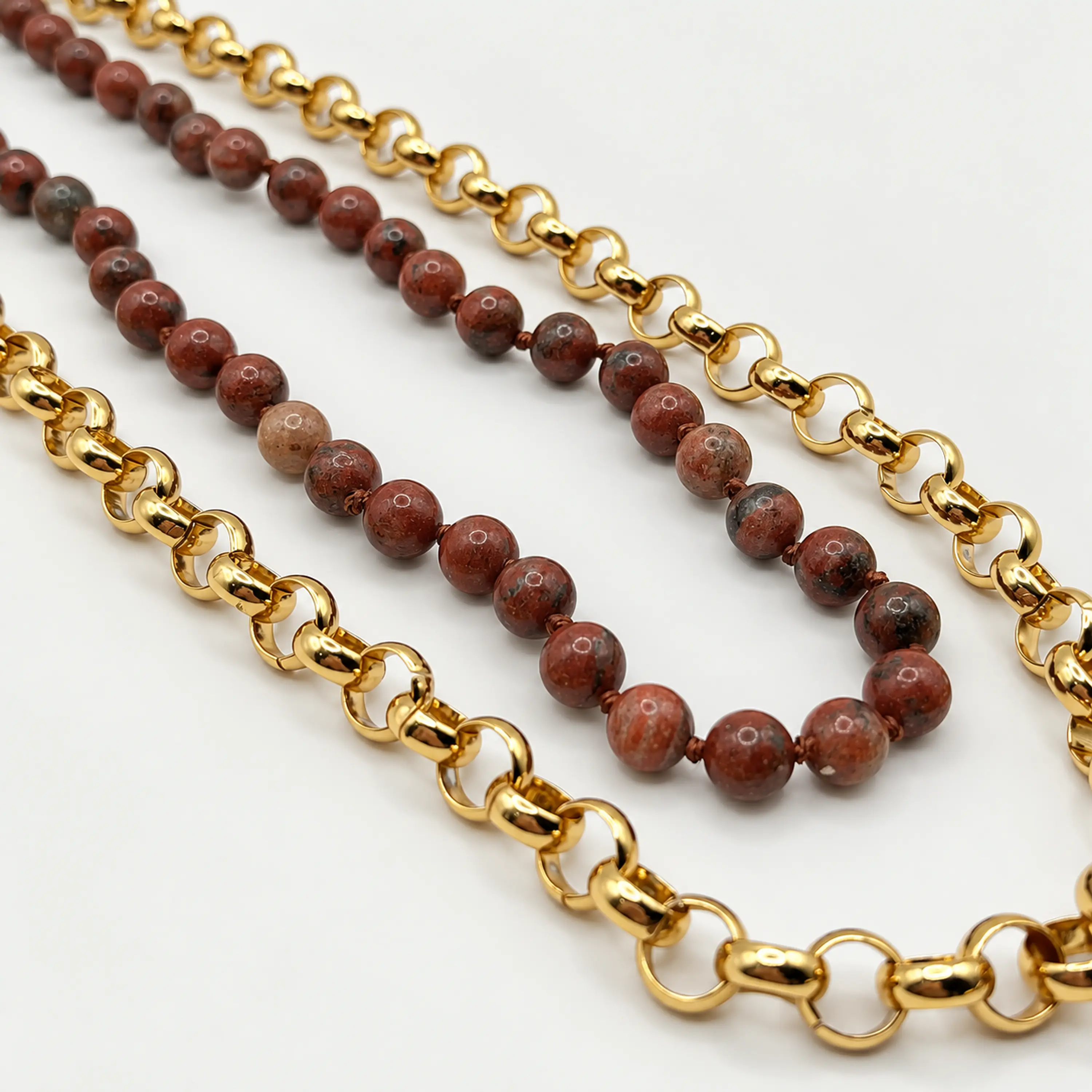 Collar doble de acero dorado con piedra jaspe café y dije de león 2